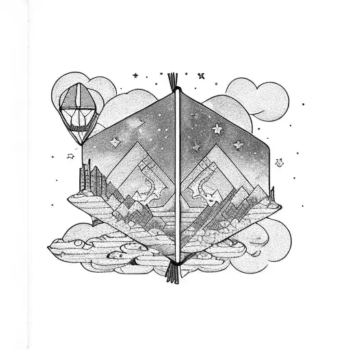 An open book with intricate tarot card illustrations emerging from the pages, surrounded by a cloudy night sky tattoo design idea