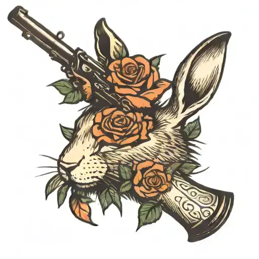 rose tattoo, hunting rifle, hare, simple, gun intertwined tattoo design idea