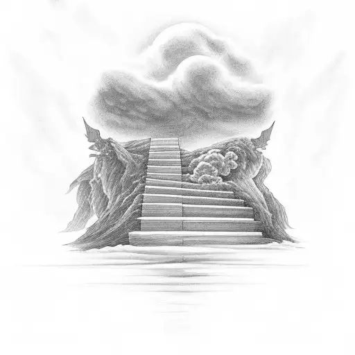stairs going into heaven with a cross at the top of the stairs with cloud background tattoo design idea