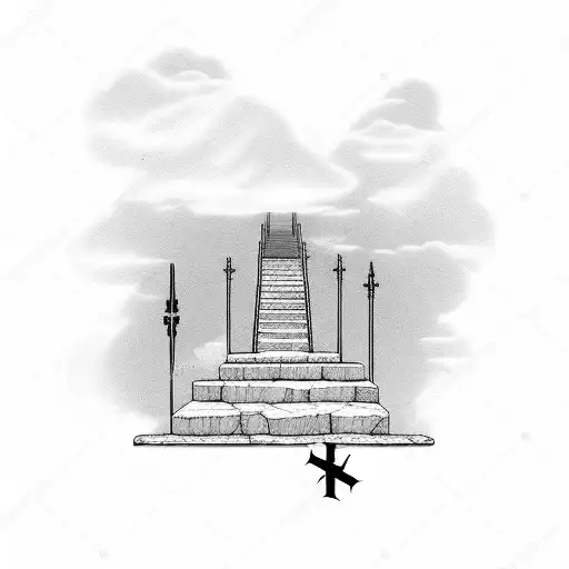 front facing stairs going into heaven with a cross at the top of the stairs with cloud background tattoo design idea