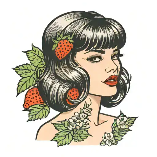 girl looking over right shoulder with short wavy hair and bangs with eyeliner and red lips and blush with strawberry tattoo design idea