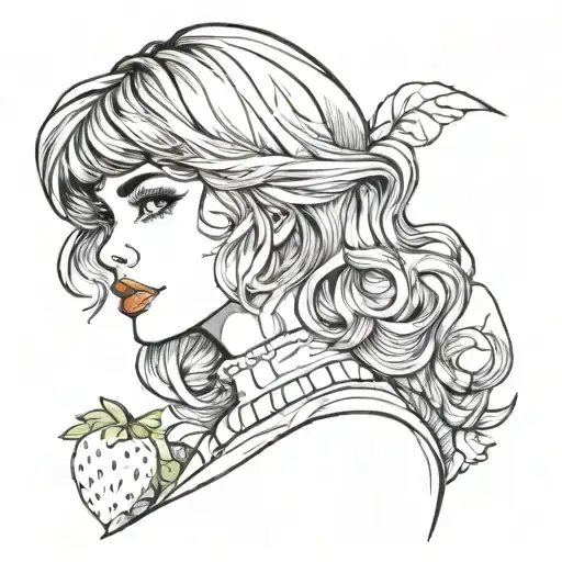 girl looking over right shoulder with short wavy hair and bangs with eyeliner and red lips and blush with strawberry tattoo design idea