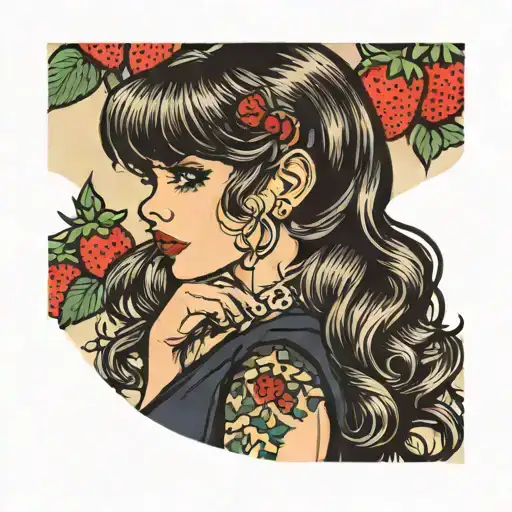 girl looking over shoulder with shoulder length wavy hair and bangs with eyeliner and red lips and blush with strawberry tattoo design idea