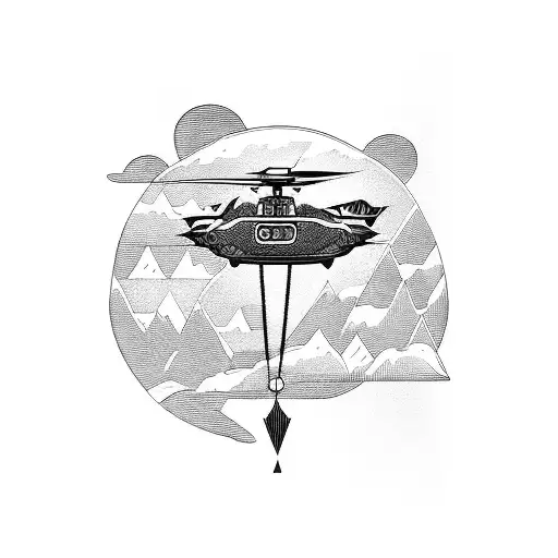 A detailed blackwork tattoo of a futuristic helicopter flying over a mountain range tattoo design idea
