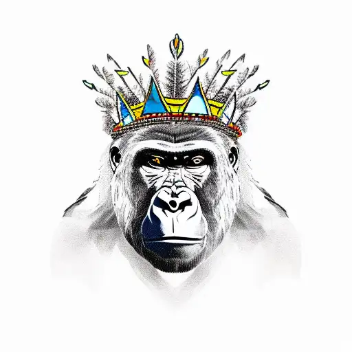 Gorilla angry, with native american crown tattoo design idea