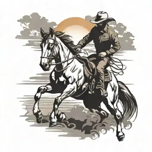Western Horse with cowboy riding sunset background tattoo design idea