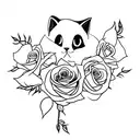 black and white tattoo walking cat with roses around tattoo design idea