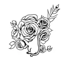 black and white tattoo walking cat with roses around tattoo design idea