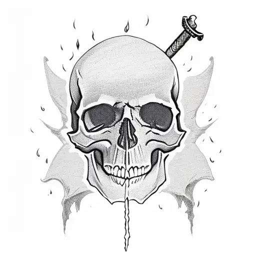 skull at the bottom of a bonfire with red flames with a sword sticking out of the top of the skull with a tomb stone  tattoo design idea