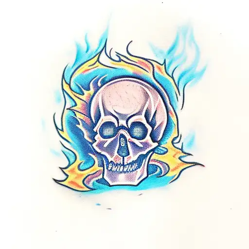 skull at the bottom of a bonfire with red flames with a sword sticking out of the top of the skull with a tomb stone  tattoo design idea