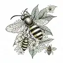 bees and grasshopper with monstera leaves coming tattoo design idea