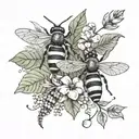 bees and grasshopper with monstera leaves coming tattoo design idea