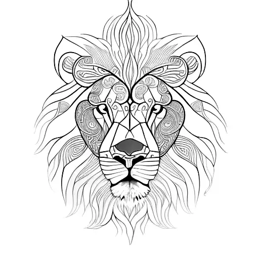A lion formed by intricate line work, depicting various artistic symbols and tools like paint splatters, paint palettes, and sketchbooks. tattoo design idea
