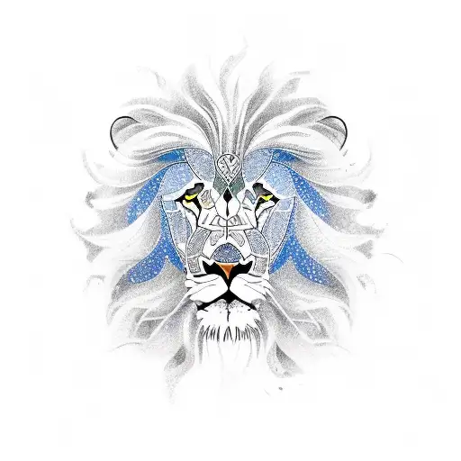 A lion formed by intricate line work, depicting various artistic symbols and tools like paint splatters, paint palettes, and sketchbooks. tattoo design idea