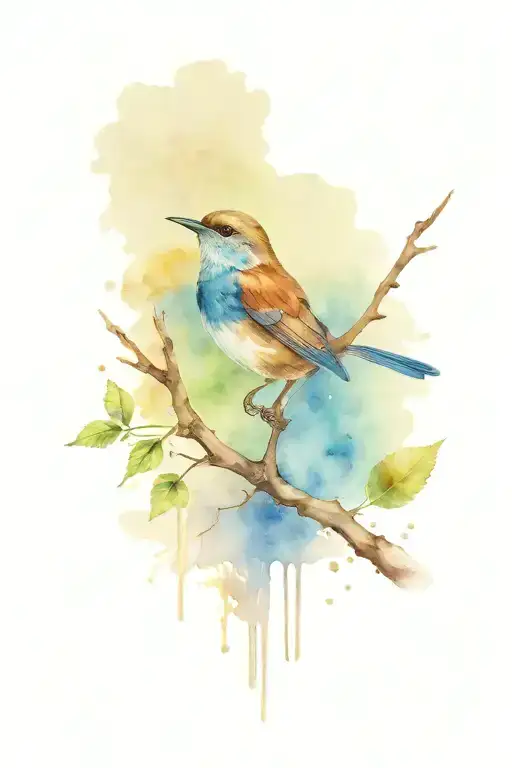  jacaranda tree with wings on trunk and a wren and a mouse on branch  tattoo design idea