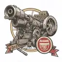 arsenal football club badge and a cannon shooting with Emirates stadium and bukayo saka tattoo design idea