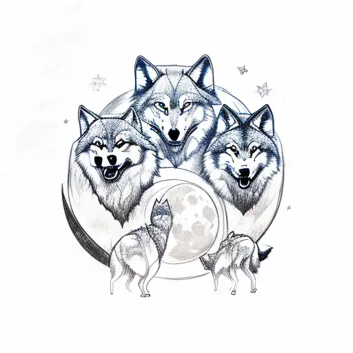 A sketch-like design of a wolf pack howling at the moon, with the parents and kids included tattoo design idea