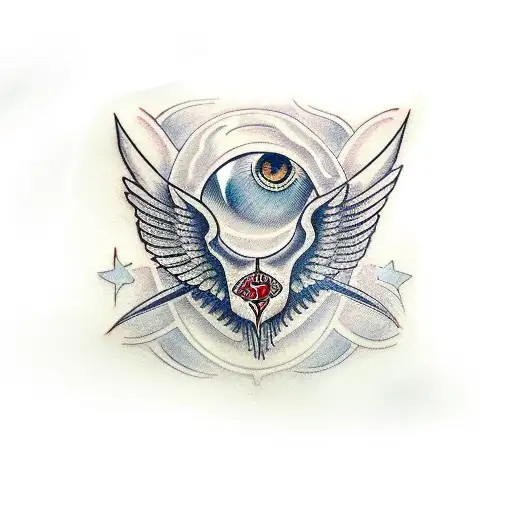 A pair of eyes with wings and the word 'Brave' in Greek letters tattoo design idea