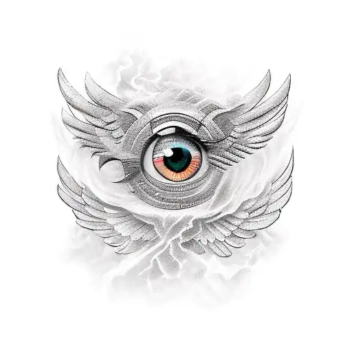 A pair of eyes with wings and the word 'Brave' in Greek letters in a new-school style tattoo design idea