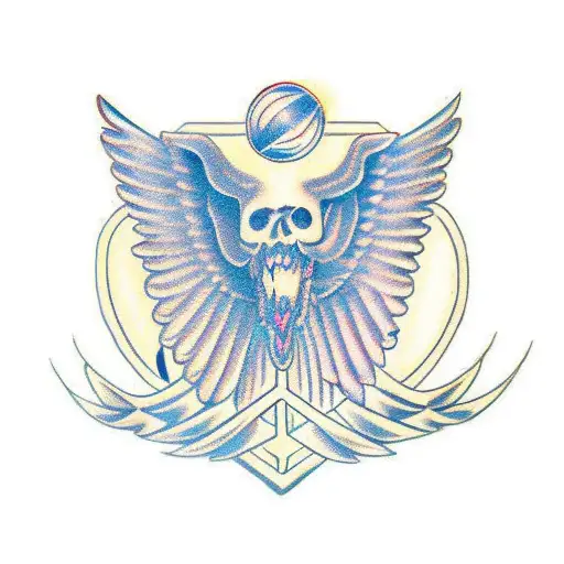 A pair of eyes with wings and the word 'Brave' in Greek letters in a new-school style tattoo design idea