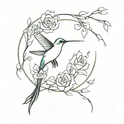 A minimalist hummingbird silhouette with delicate rose petals falling around it tattoo design idea