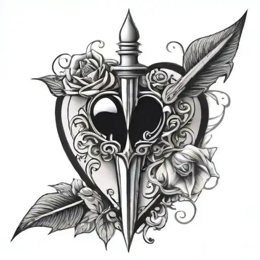 A bold and striking tattoo design inspired by themes of love and madness, like a dagger piercing a bleeding heart with intricate detailing tattoo design idea