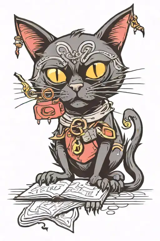 Create a new-school design featuring a black cat playing a domra tattoo design idea