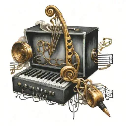 Combine musical notes and Capoeira movements in a realistic domra tattoo tattoo design idea