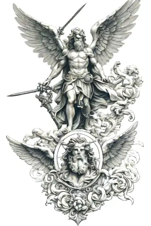 Zeus and Saint Michael the Archangel combined tattoo design idea
