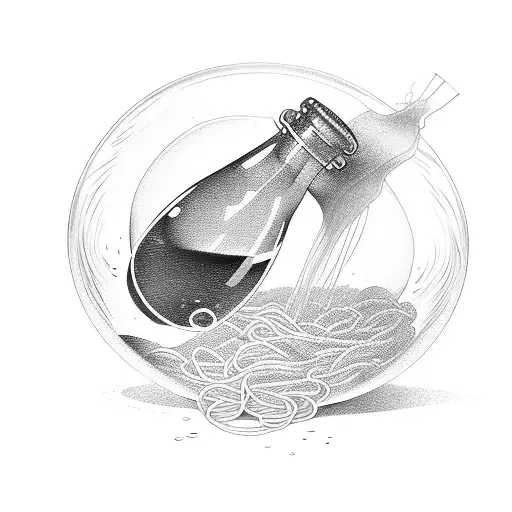A bottle of wine pouring into a bowl of spaghetti shaped like a woman's body tattoo design idea