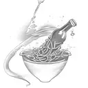 A bottle of wine pouring into a bowl of spaghetti shaped like a woman's body tattoo design idea