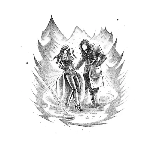 Design a tattoo in the style of a comic strip showcasing a man and a woman struggling to push a broken-down car, using dotwork technique tattoo design idea