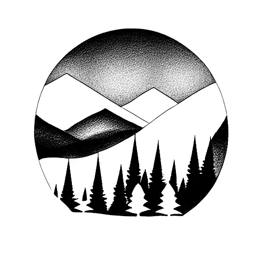 Lake, mountain, fir and trail tattoo design idea