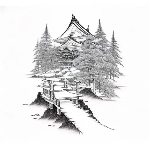 Lake, mountain, fir and trail tattoo design idea
