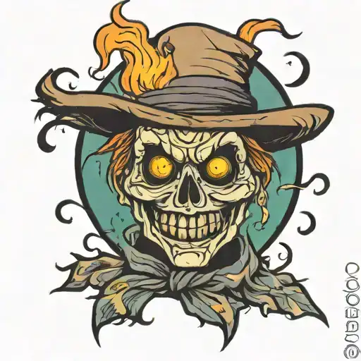 Cartoonish looking halloween Scarecrow head on fire on arm tattoo design idea