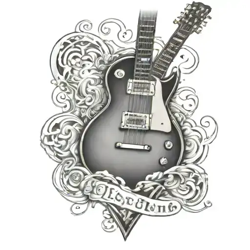 A detailed blackwork tattoo of a Gibson Les Paul guitar with a heart incorporated into the design tattoo design idea