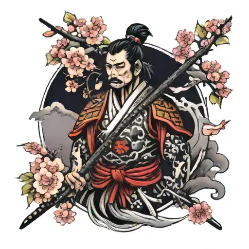 samurai with a temple and a cherry tree tattoo design idea