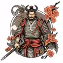 samurai with a temple and a cherry tree tattoo design idea