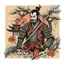 samurai with a temple and a cherry tree tattoo design idea