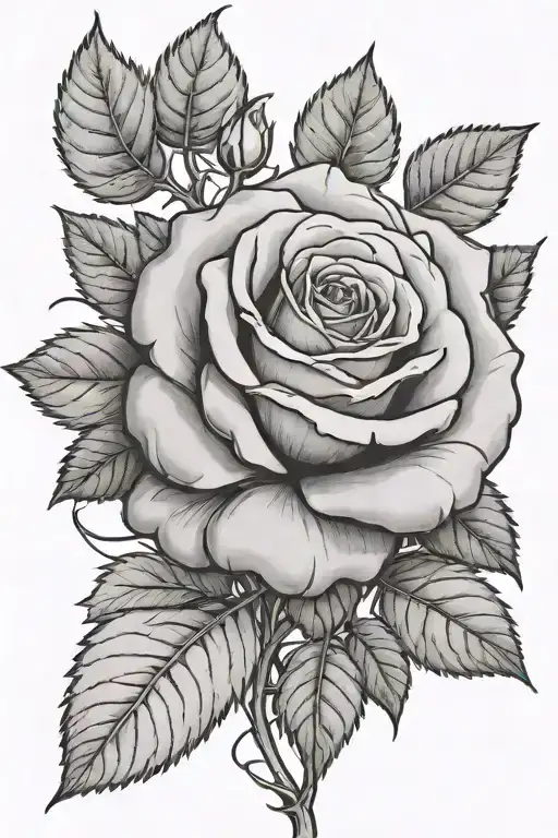 Rose with long stem growing trees with leafs tattoo design idea