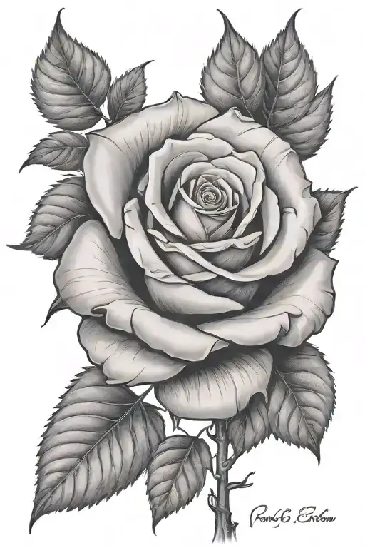 Rose with long stem growing trees with leafs tattoo design idea