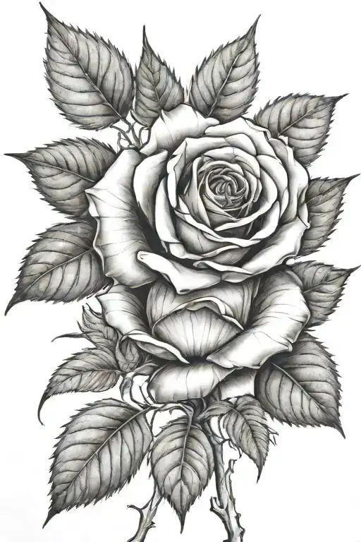 Rose with long stem growing trees with leafs tattoo design idea