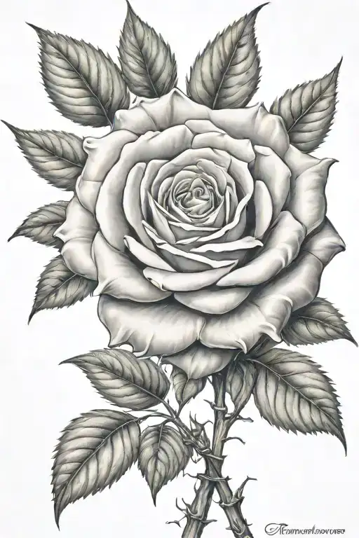 Rose with long stem growing trees with leafs tattoo design idea