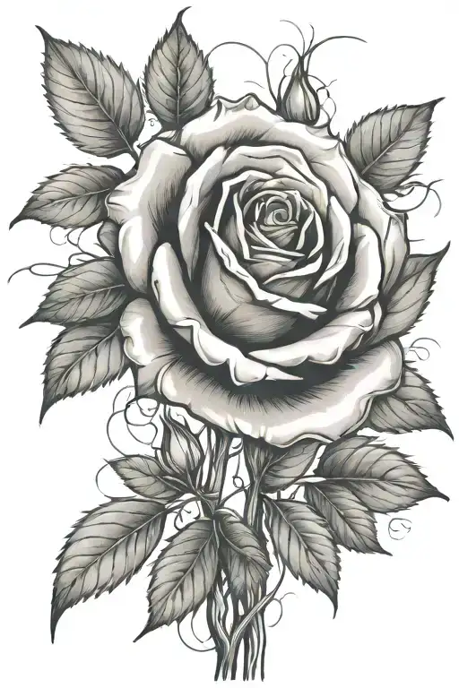 Rose with long stem growing trees with leafs tattoo design idea