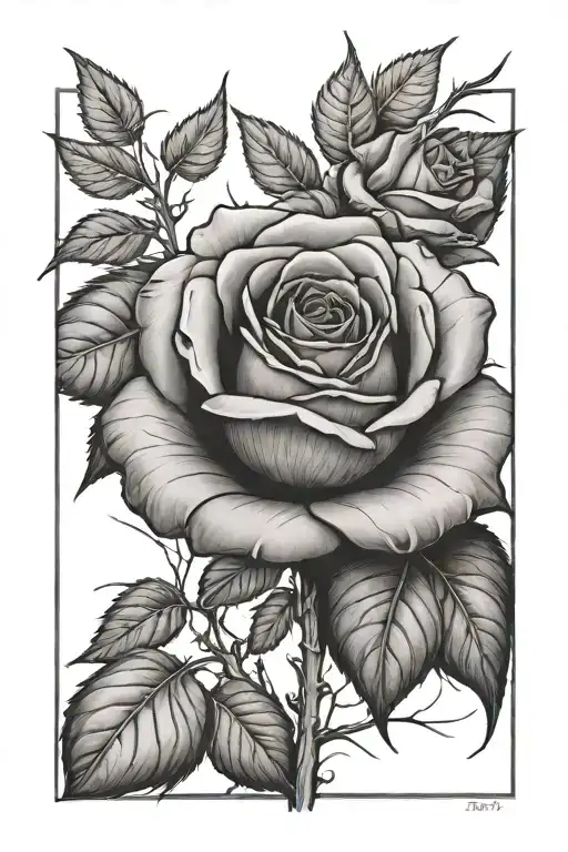Rose with long stem growing trees with leafs tattoo design idea