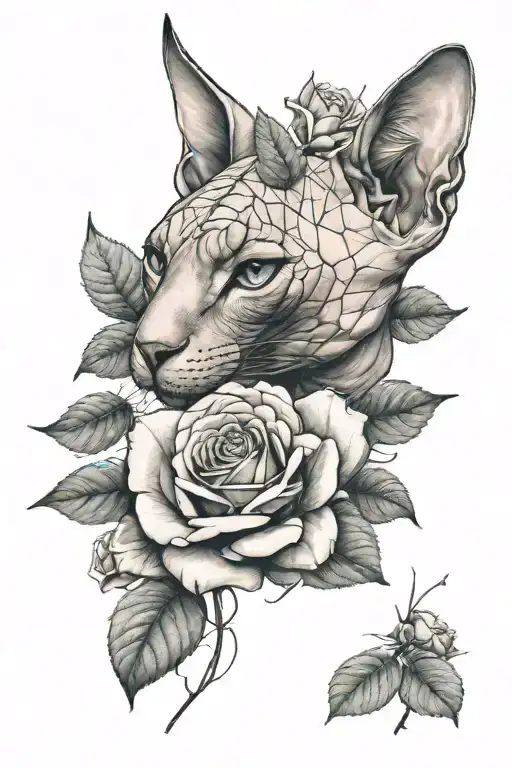 Canadian Sphynx head, leaves, geometry, roses  tattoo design idea