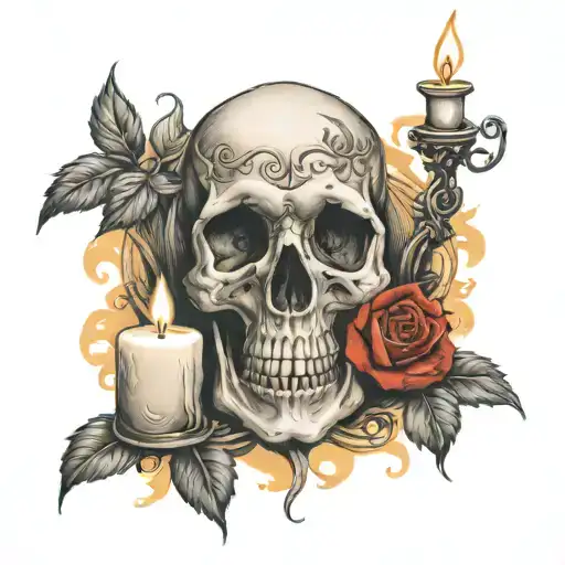 rose skull and candle  representing life and death  tattoo design idea