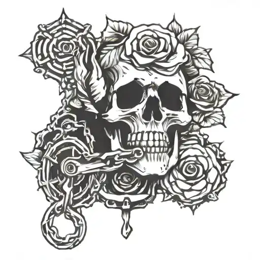 An abstract blackwork tattoo of a bike chain transforming into a rose stem, with a skull at the center representing the connection between biking and the police force tattoo design idea