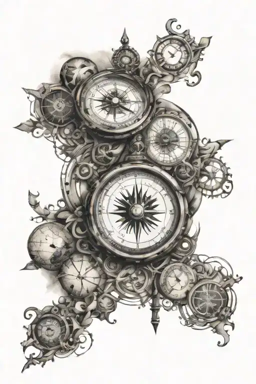 Compass with directions, clock with roman numbers, surrounded my music notes, planets orbiting tattoo design idea