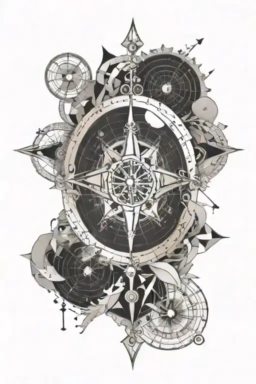 Compass with directions, surrounded my music notes, planets orbiting tattoo design idea